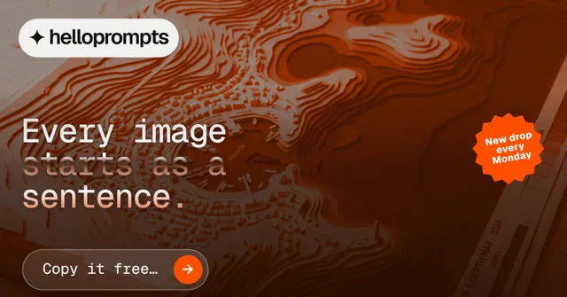 Social ad for HelloPrompts: "Every image starts as a sentence." Agentic glass style, sticker layout, dark palette in orange, brown, grey.