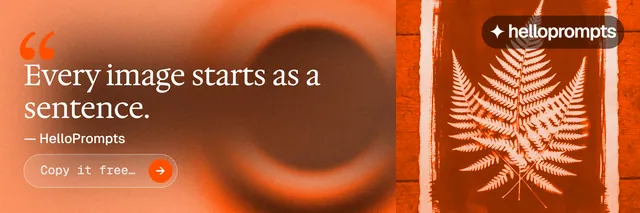 X header for HelloPrompts: "Prompts that show their work." Agentic glass style, quote layout, dark palette in orange, brown.