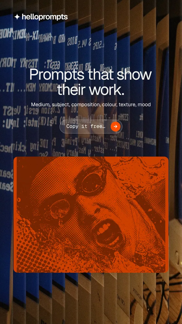 Instagram story for HelloPrompts: "Prompts that show their work." Agentic glass style, centred layout, dark palette in blue, orange, grey.