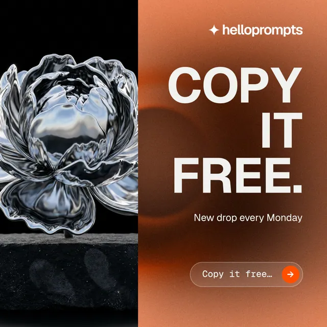 Instagram post for HelloPrompts: "Copy it free." Agentic glass style, right layout, dark palette in orange, black, brown.