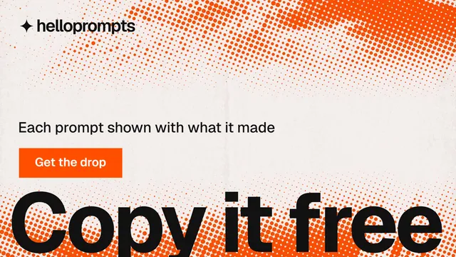Landscape graphic for HelloPrompts: "Copy it free." Swiss style, oversized layout, light palette in brown, orange, white.