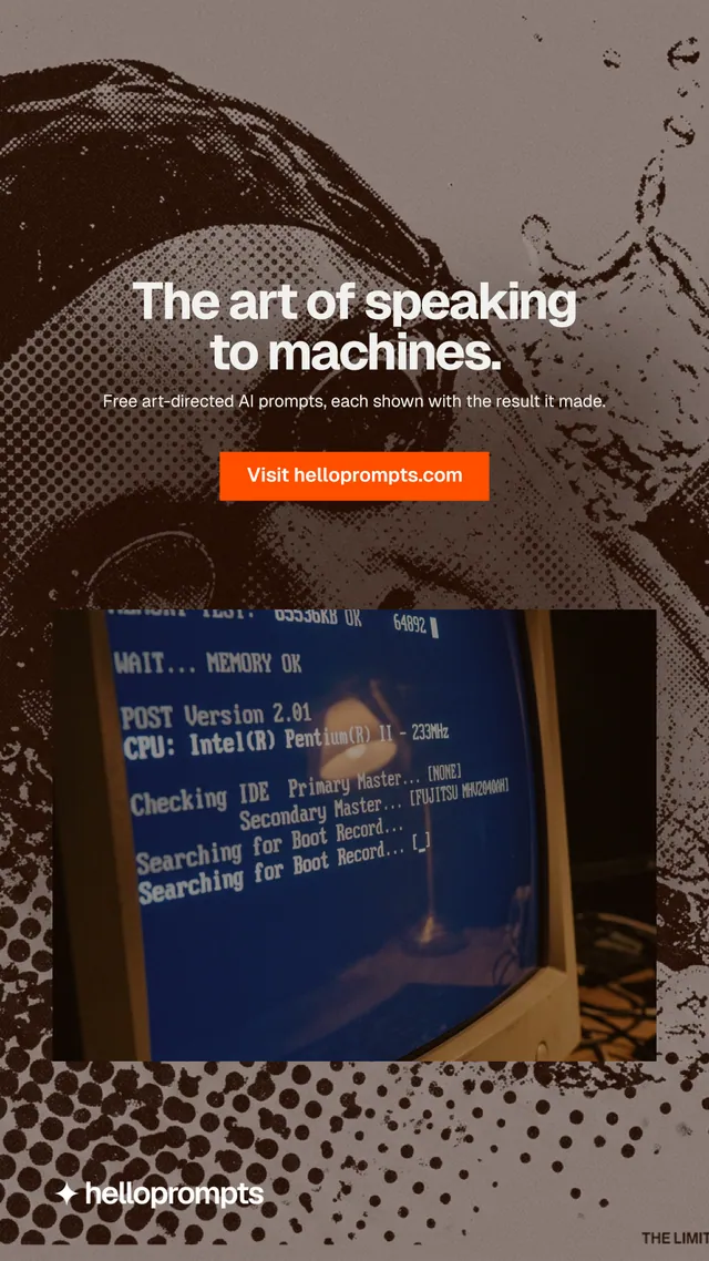 Instagram story for HelloPrompts: "The art of speaking to machines." Swiss style, centred layout, dark palette in black, orange, grey.