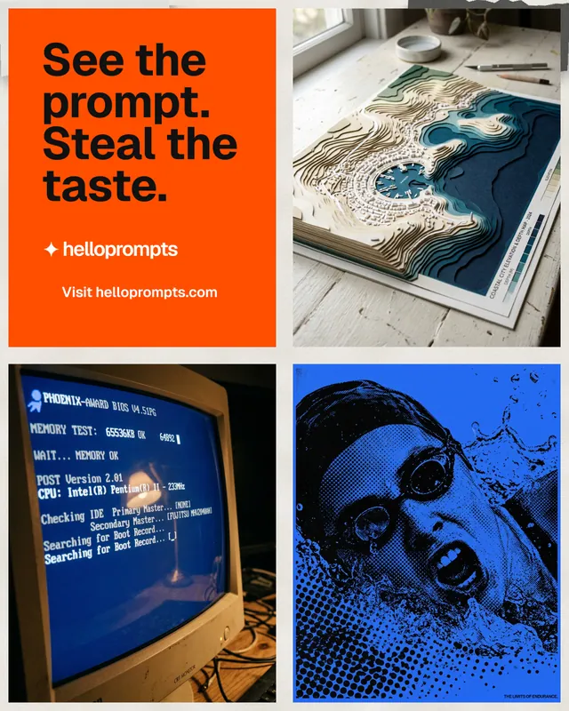 Instagram portrait post for HelloPrompts: "See the prompt. Steal the taste." Swiss style, collage layout, dark palette in blue, red, white.