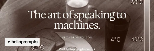 X header for HelloPrompts: "The art of speaking to machines." Swiss style, smallcaps layout, dark palette in grey, orange.