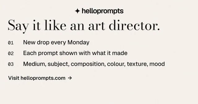 Social ad for HelloPrompts: "Say it like an art director." Minimal luxury style, numbered layout, light palette in white.
