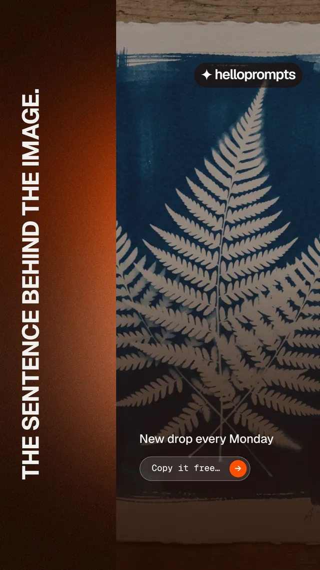 Instagram story for HelloPrompts: "The sentence behind the image." Agentic glass style, vertical layout, dark palette in black, orange, grey.