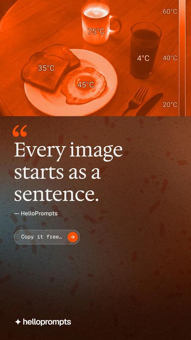Instagram story for HelloPrompts: "Every image starts as a sentence." Agentic glass style, quote layout, dark palette in orange, brown.