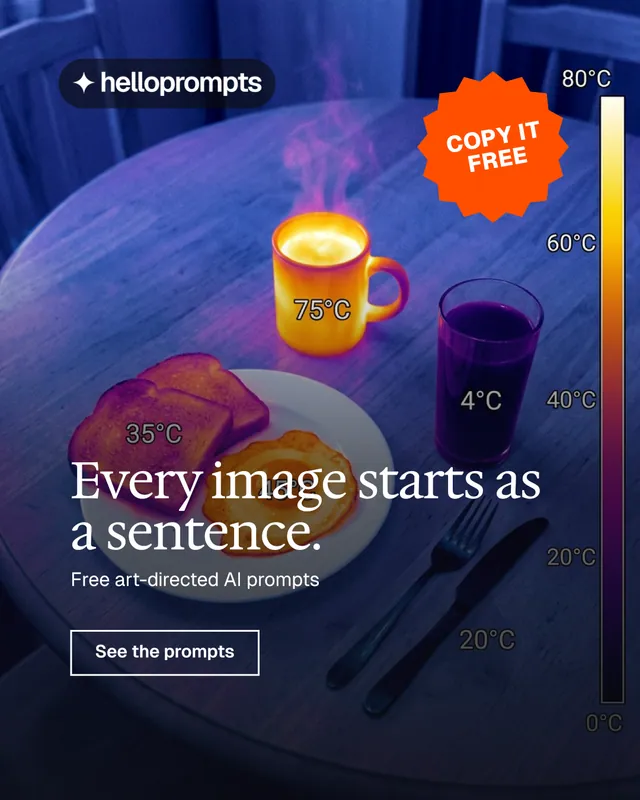 Instagram portrait post for HelloPrompts: "Every image starts as a sentence." Editorial style, sticker layout, dark palette in blue, grey.