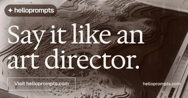 Social ad for HelloPrompts: "Say it like an art director." Editorial style, poster layout, dark palette in black, grey.