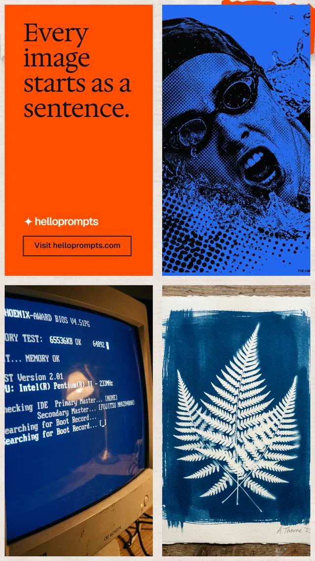 Instagram story for HelloPrompts: "Every image starts as a sentence." Editorial style, collage layout, dark palette in blue, red, grey.