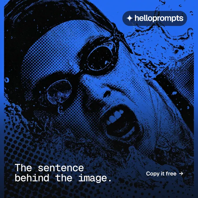 Instagram post for HelloPrompts: "The sentence behind the image." Swiss style, image led layout, dark palette in blue, black.