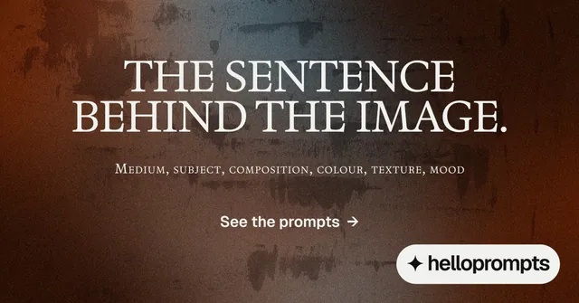 Social ad for HelloPrompts: "The sentence behind the image." Agentic glass style, smallcaps layout, dark palette in orange, black, grey.