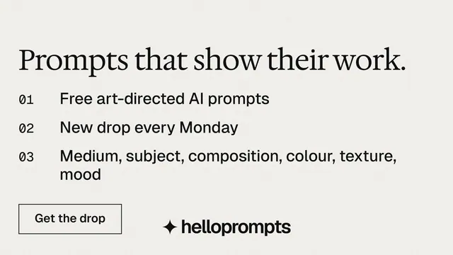 Landscape graphic for HelloPrompts: "Prompts that show their work." Editorial style, numbered layout, light palette in white, grey.