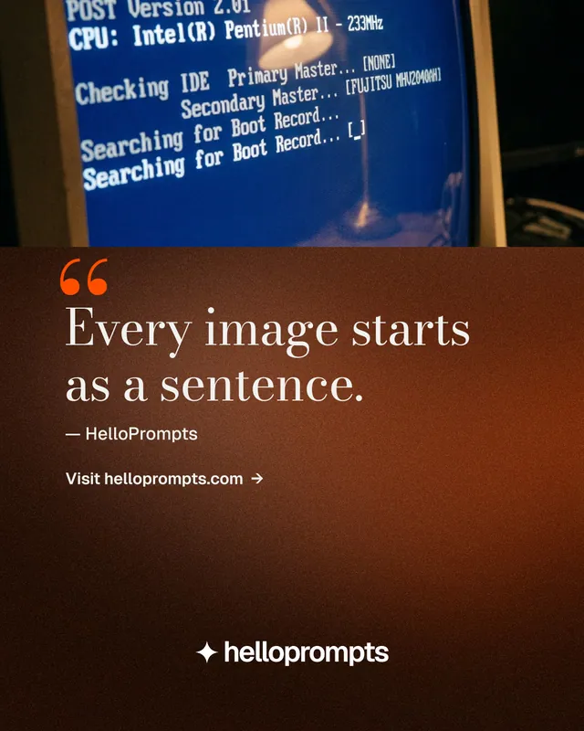 Instagram portrait post for HelloPrompts: "Every image starts as a sentence." Minimal luxury style, quote layout, dark palette in black, orange, red.