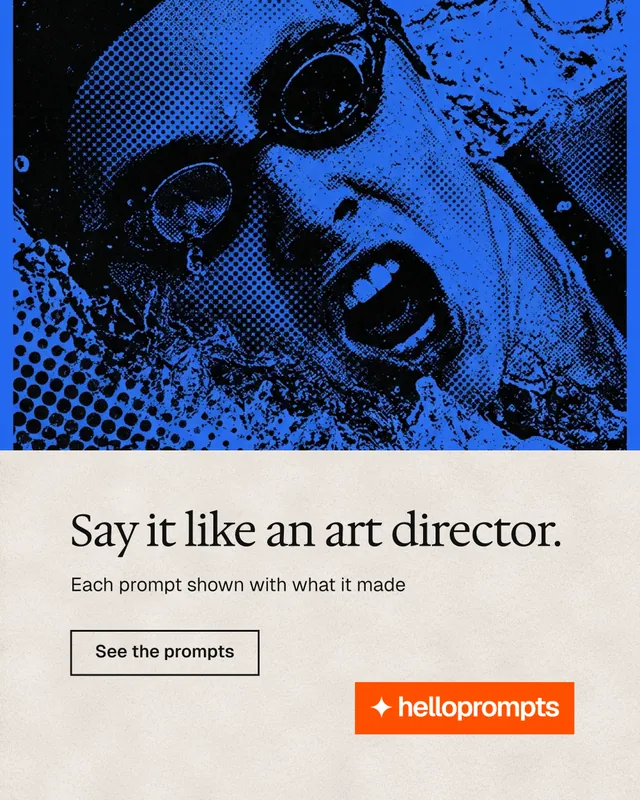 Instagram portrait post for HelloPrompts: "Say it like an art director." Editorial style, bottom layout, light palette in blue, black, orange.