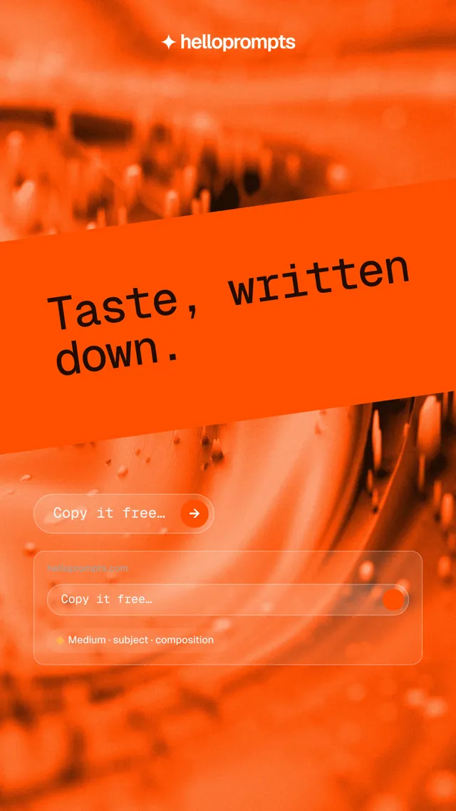 Instagram story for HelloPrompts: "Taste, written down." Agentic glass style, diagonal layout, light palette in orange.