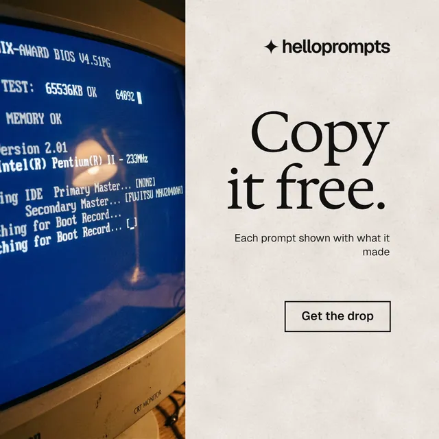 Instagram post for HelloPrompts: "Copy it free." Editorial style, right layout, light palette in blue, orange, grey.