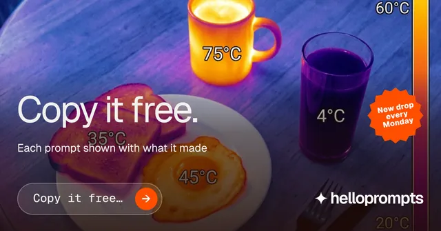 Social ad for HelloPrompts: "Copy it free." Agentic glass style, sticker layout, dark palette in purple, pink, blue.