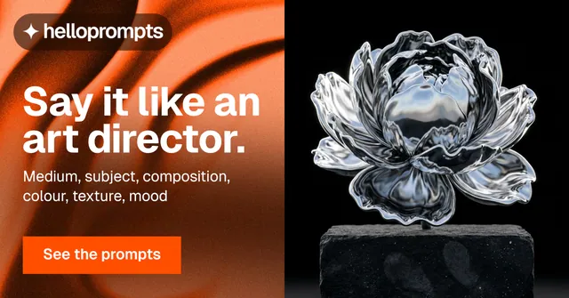 Social ad for HelloPrompts: "Say it like an art director." Swiss style, bottom layout, dark palette in black, orange.