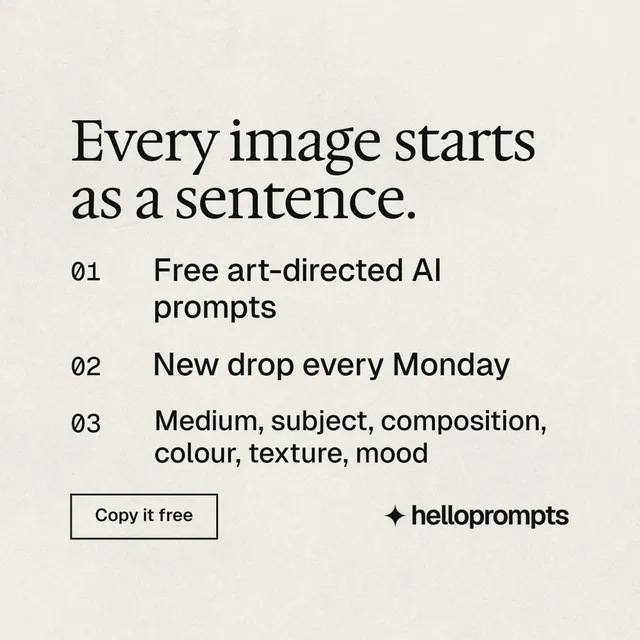 Instagram post for HelloPrompts: "Every image starts as a sentence." Editorial style, numbered layout, light palette in yellow, white, grey.