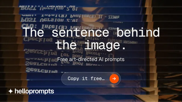 Landscape graphic for HelloPrompts: "The sentence behind the image." Agentic glass style, centred layout, dark palette in black, blue, grey.
