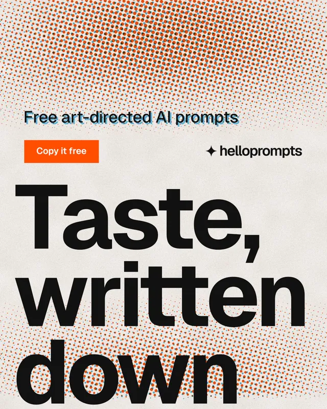Instagram portrait post for HelloPrompts: "Every image starts as a sentence." Swiss style, oversized layout, light palette in orange, grey, white.
