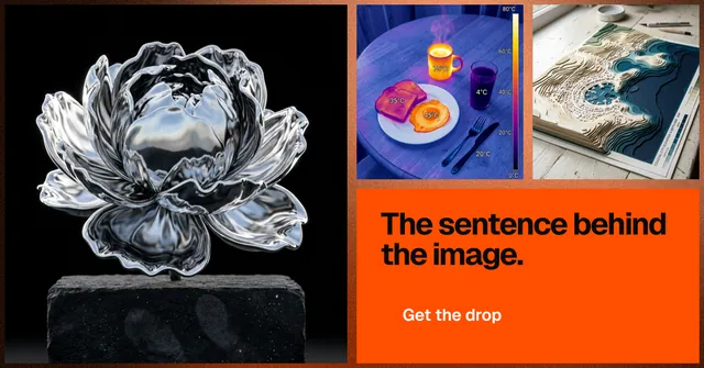 Social ad for HelloPrompts: "The sentence behind the image." Swiss style, collage layout, dark palette in black, orange, grey.