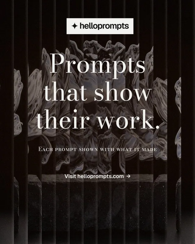 Instagram portrait post for HelloPrompts: "Prompts that show their work." Minimal luxury style, smallcaps layout, dark palette in black, grey.