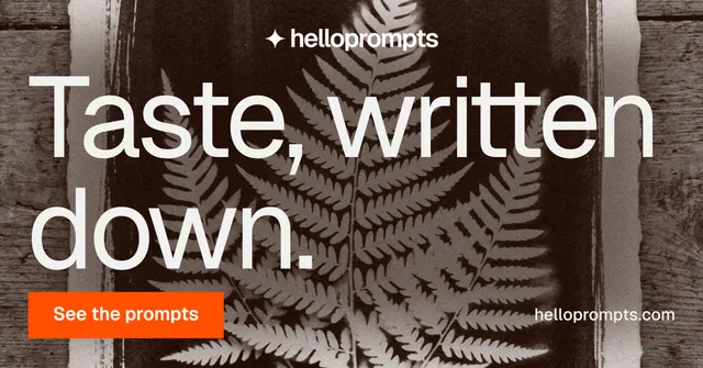 Social ad for HelloPrompts: "Taste, written down." Swiss style, poster layout, dark palette in orange, black, grey.