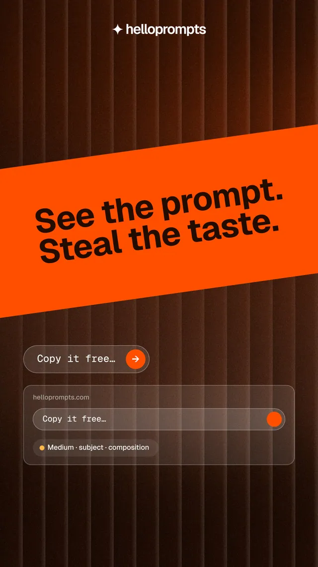 Instagram story for HelloPrompts: "See the prompt. Steal the taste." Agentic glass style, diagonal layout, dark palette in orange, black.