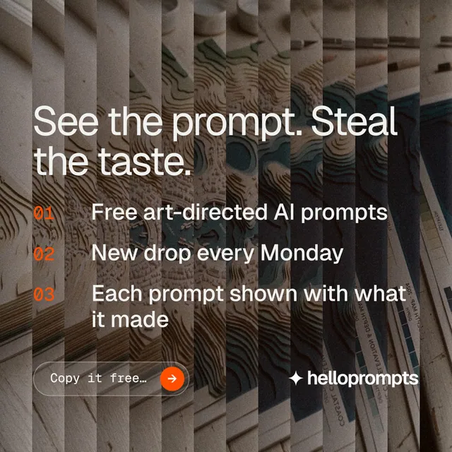 Instagram post for HelloPrompts: "See the prompt. Steal the taste." Agentic glass style, numbered layout, dark palette in orange, black, grey.