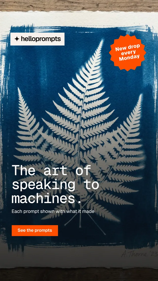 Instagram story for HelloPrompts: "The art of speaking to machines." Swiss style, sticker layout, dark palette in black, blue, grey.