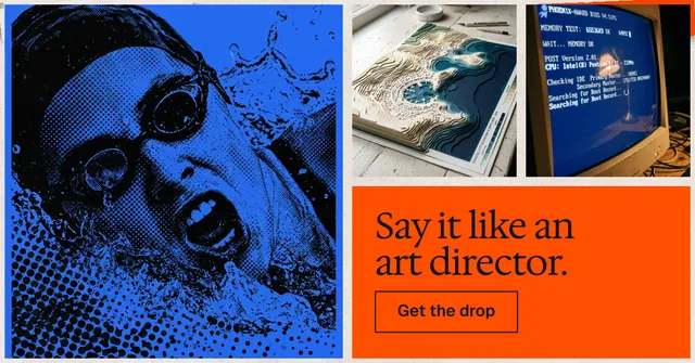 Social ad for HelloPrompts: "Say it like an art director." Editorial style, collage layout, dark palette in blue, orange.