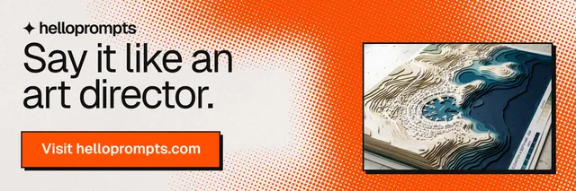 X header for HelloPrompts: "Say it like an art director." Brutalist style, skeleton layout, light palette in orange, white.
