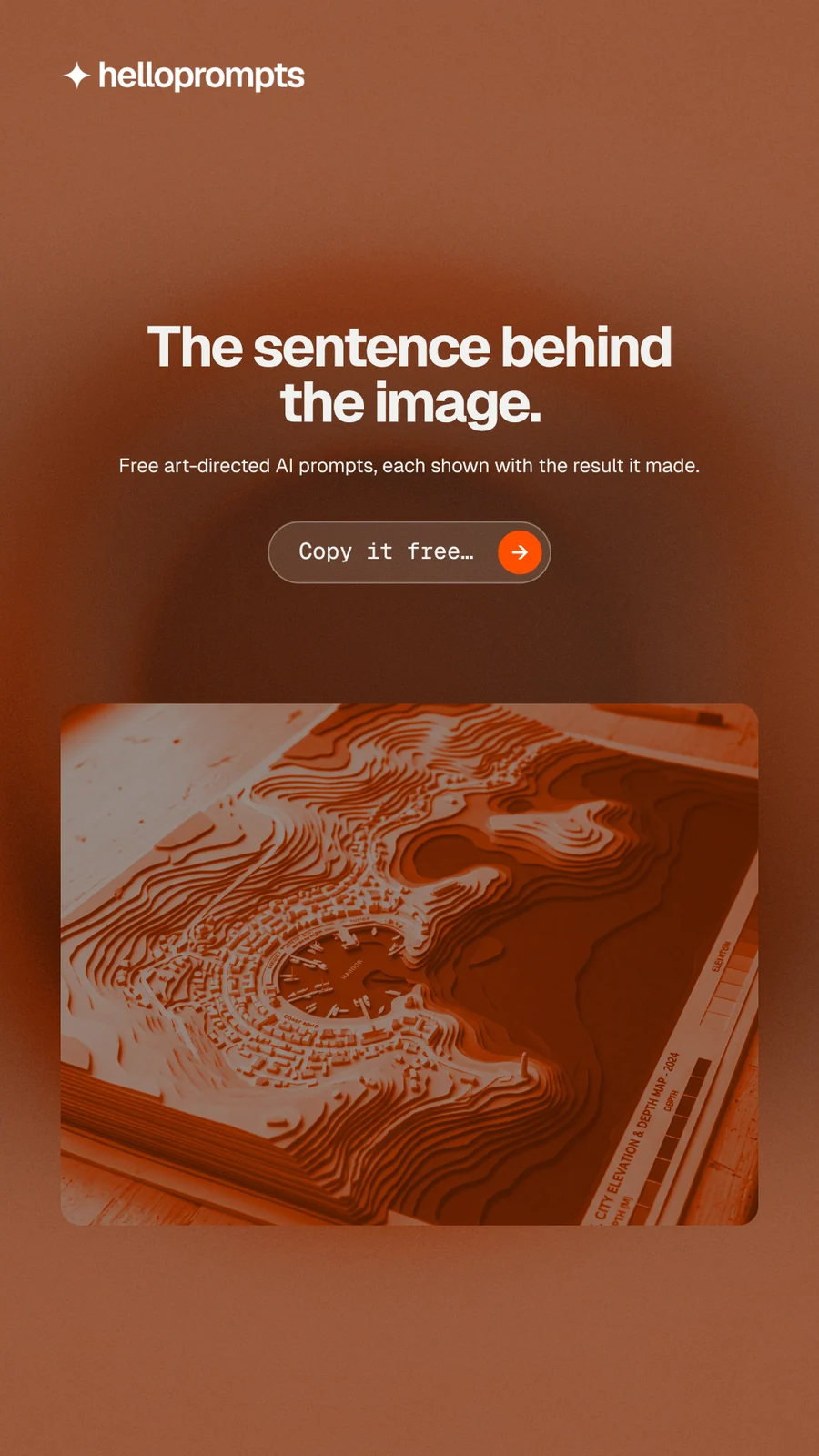Instagram story for HelloPrompts: "The sentence behind the image." Agentic glass style, centred layout, dark palette in brown, orange.