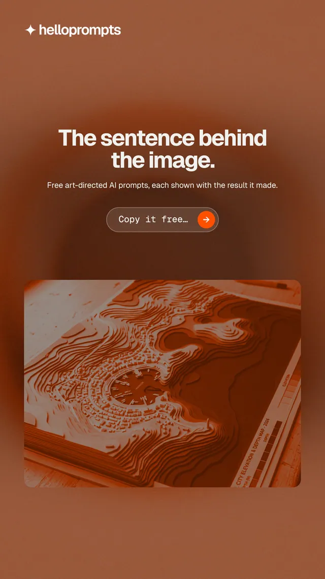 Instagram story for HelloPrompts: "The sentence behind the image." Agentic glass style, centred layout, dark palette in brown, orange.
