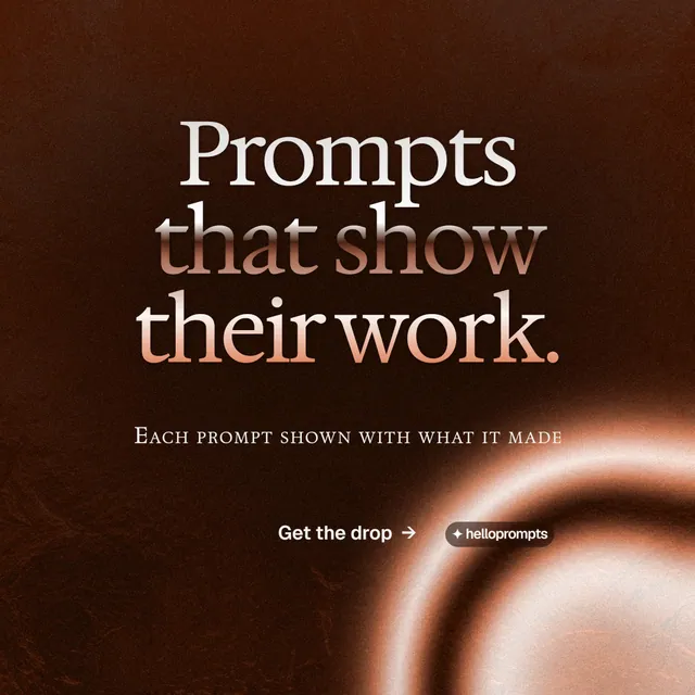 Instagram post for HelloPrompts: "Prompts that show their work." Agentic glass style, smallcaps layout, dark palette in black, orange.
