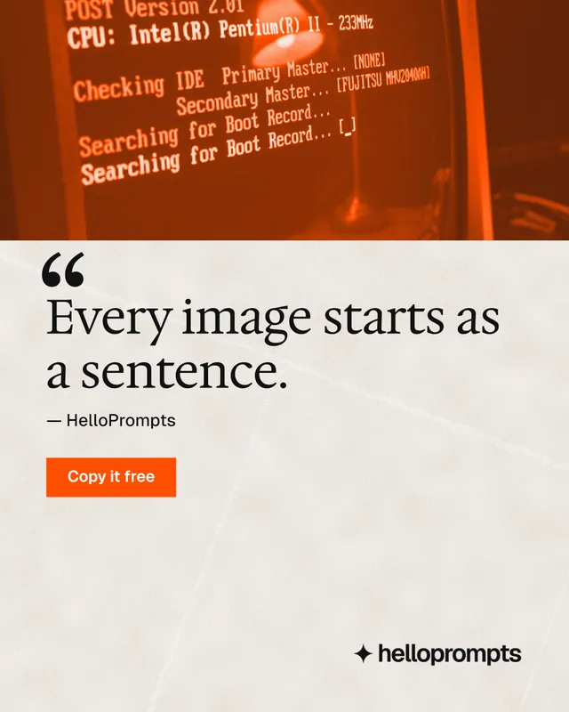 Instagram portrait post for HelloPrompts: "See the prompt. Steal the taste." Retro print style, quote layout, light palette in orange.