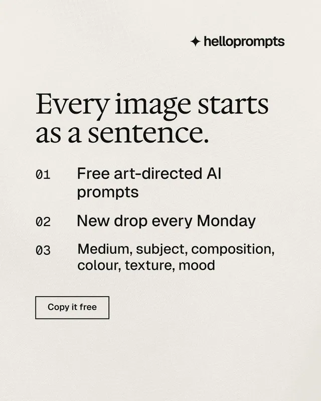 Instagram portrait post for HelloPrompts: "Every image starts as a sentence." Editorial style, numbered layout, light palette in yellow, white, grey.