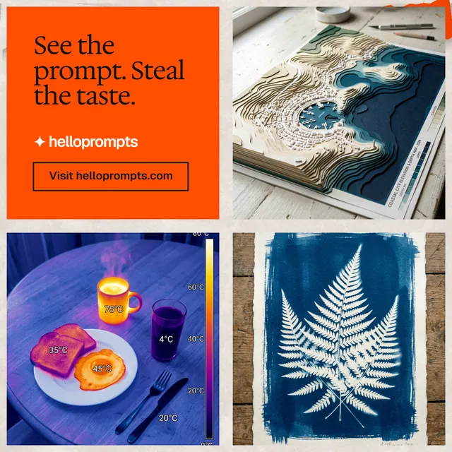 Instagram post for HelloPrompts: "See the prompt. Steal the taste." Editorial style, collage layout, light palette in blue, orange, grey.