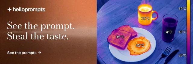 X header for HelloPrompts: "See the prompt. Steal the taste." Minimal luxury style, bottom layout, dark palette in red, purple, orange.
