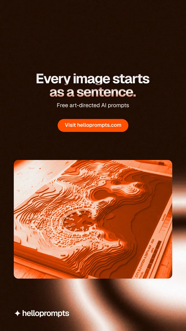 Instagram story for HelloPrompts: "Every image starts as a sentence." Y2K style, centred layout, dark palette in black, orange.