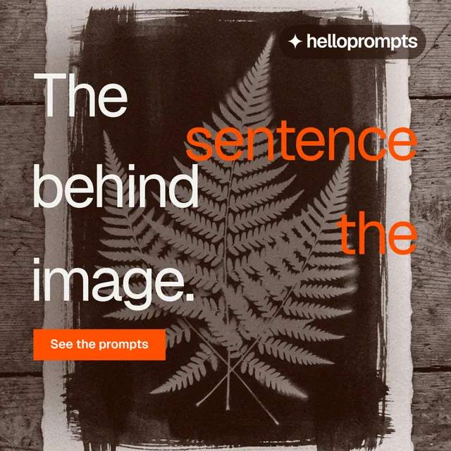 Instagram post for HelloPrompts: "The sentence behind the image." Swiss style, stacked layout, dark palette in black, orange, grey.