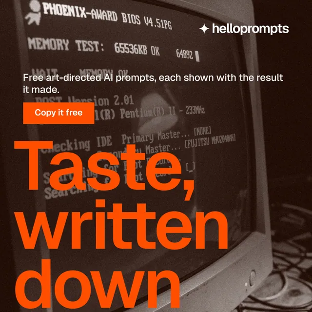 Instagram post for HelloPrompts: "Every image starts as a sentence." Swiss style, oversized layout, dark palette in brown, orange, red.