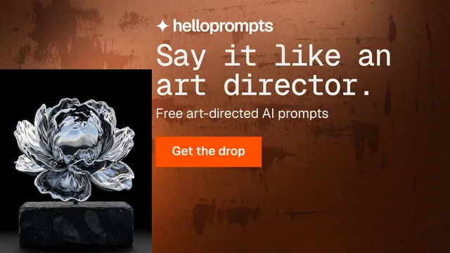 Landscape graphic for HelloPrompts: "Say it like an art director." Swiss style, skeleton layout, dark palette in orange, brown, black.