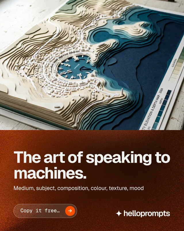 Instagram portrait post for HelloPrompts: "The art of speaking to machines." Agentic glass style, bottom layout, dark palette in grey, orange, black.