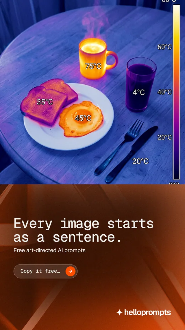 Instagram story for HelloPrompts: "Every image starts as a sentence." Agentic glass style, bottom layout, dark palette in red, blue, purple.
