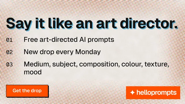 Landscape graphic for HelloPrompts: "Say it like an art director." Brutalist style, numbered layout, light palette in orange.