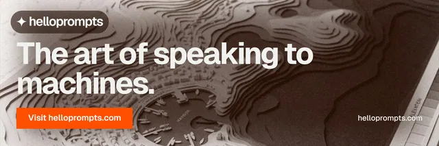 X header for HelloPrompts: "The art of speaking to machines." Swiss style, poster layout, dark palette in orange, grey.