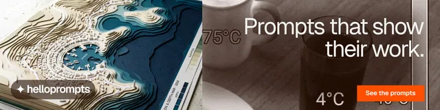 LinkedIn banner for HelloPrompts: "Prompts that show their work." Swiss style, right layout, dark palette in black, orange, grey.